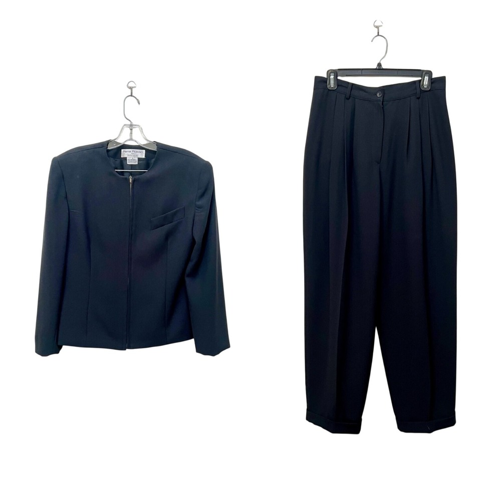 Rena Rowan VTG 90s Black Pant Suit Zip Jacket Pleated Trousers 10 Quiet Luxury